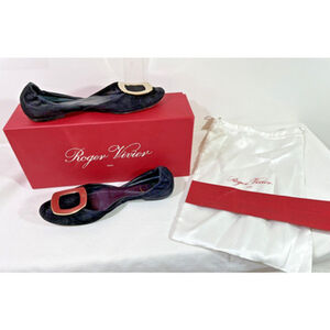 Roger Vivier Gold Buckle Black Suede Ballerina Flats Women's EU 35.5 US 5